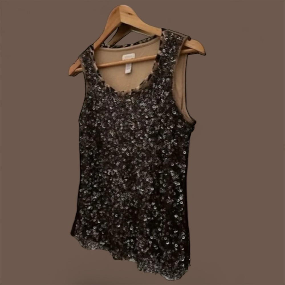 Chico's Sequin Tank Top Sleeveless Blouse Black Silver